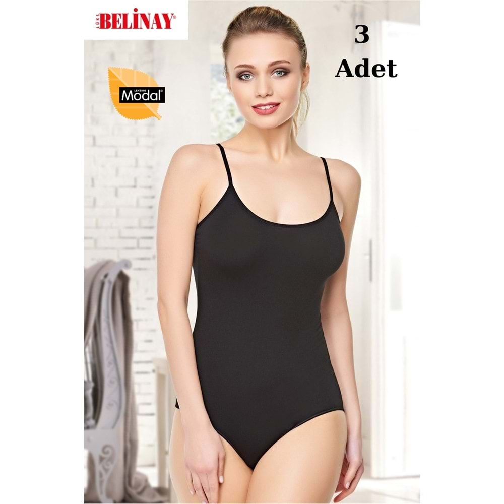 3 Adet Belinay İp Asklılı Çıtçıtlı Body Modal Yumuşak Bayan Atlet 0860 - Belinay - Siyah - M