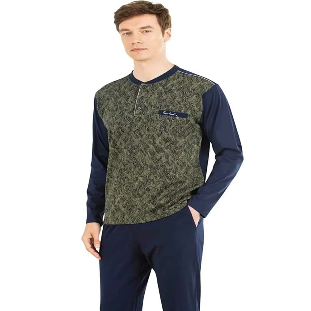 Pierre Cardin Erkek Uzun Kollu Pamuklu Jakarlı Pijama Takımı 6026 - Haki - S