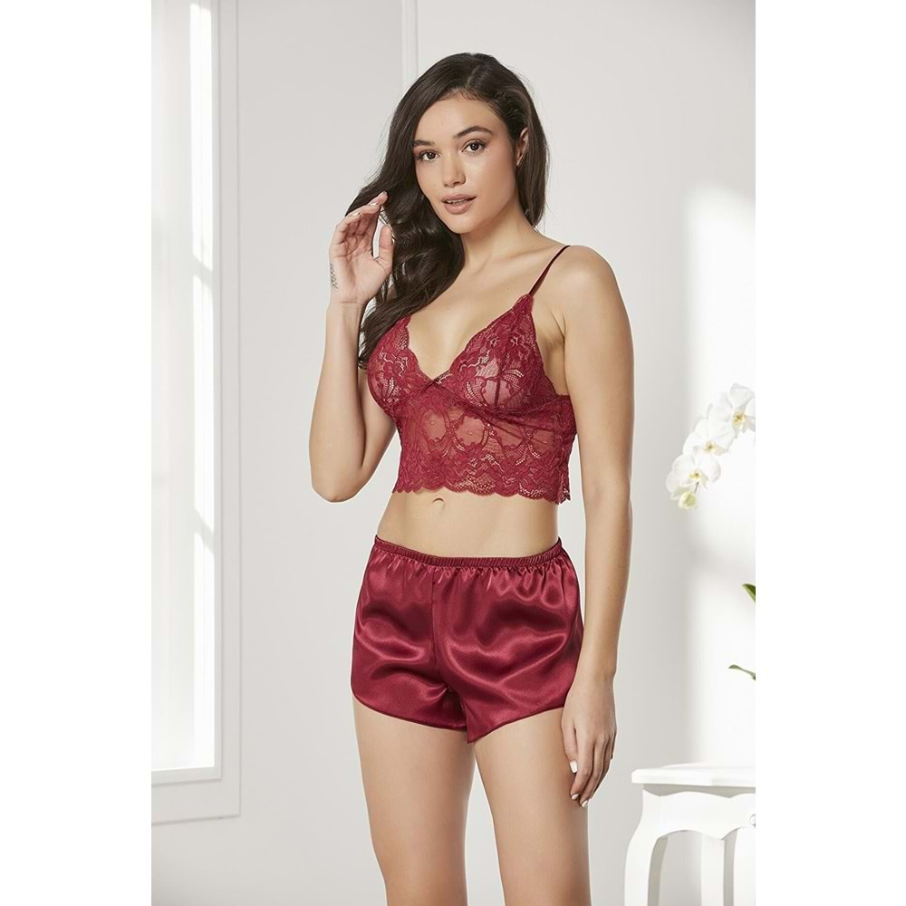 Pierre Cardin 7005 4 Parça Kadın Saten Çeyiz Set Takım - Bordo - L